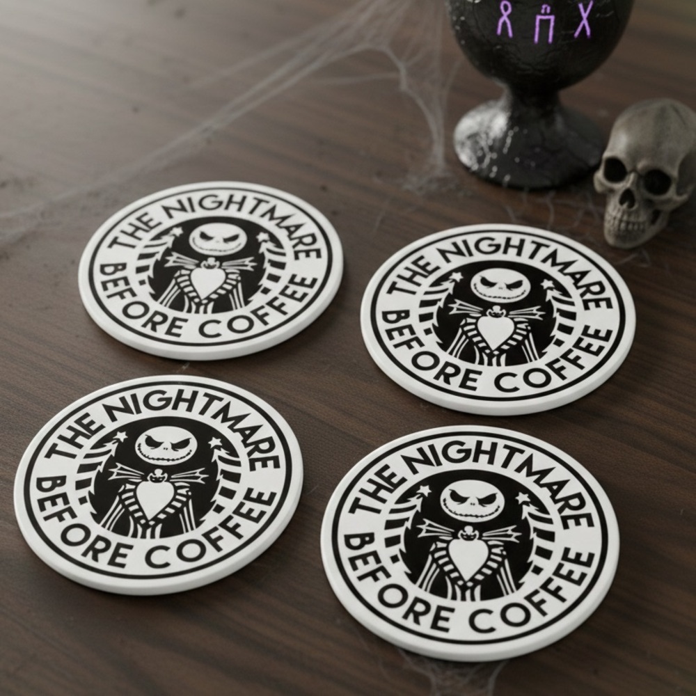 Nightmare Before Coffee Handmade Christmas Coasters (Set of 2) with Cork Base